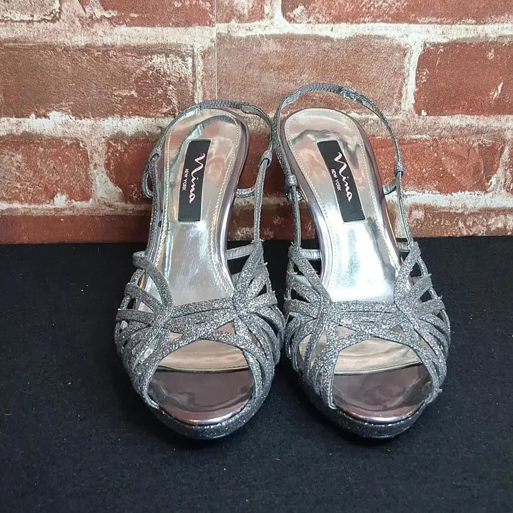 Nina New York Heels Womens Size 7.5 Silver Sparkle Strappy - Picture 4 of 5